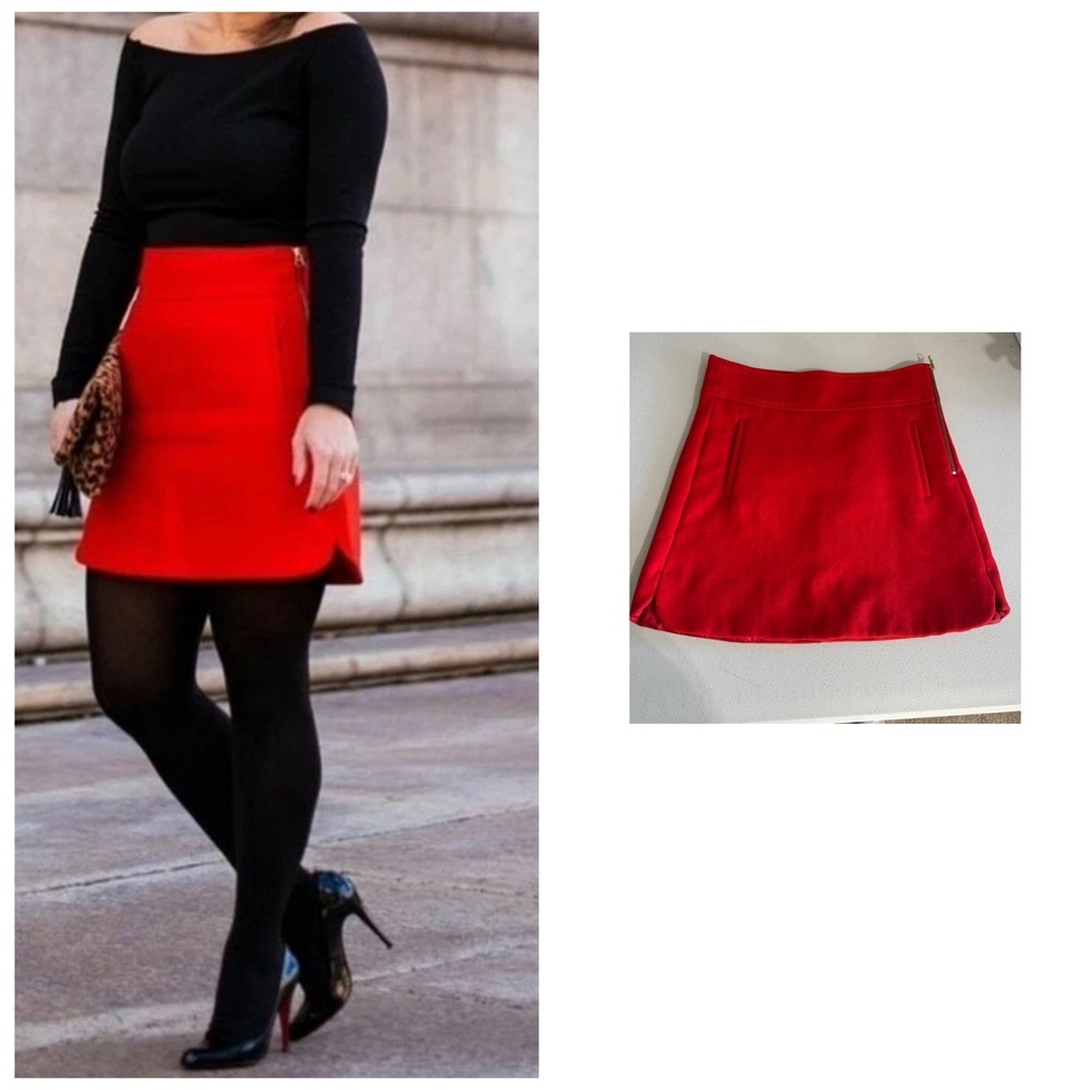 J Crew 100%Wool Red Aline Mini Skirtdoubleserge Wool With Sidezipper And Pocket